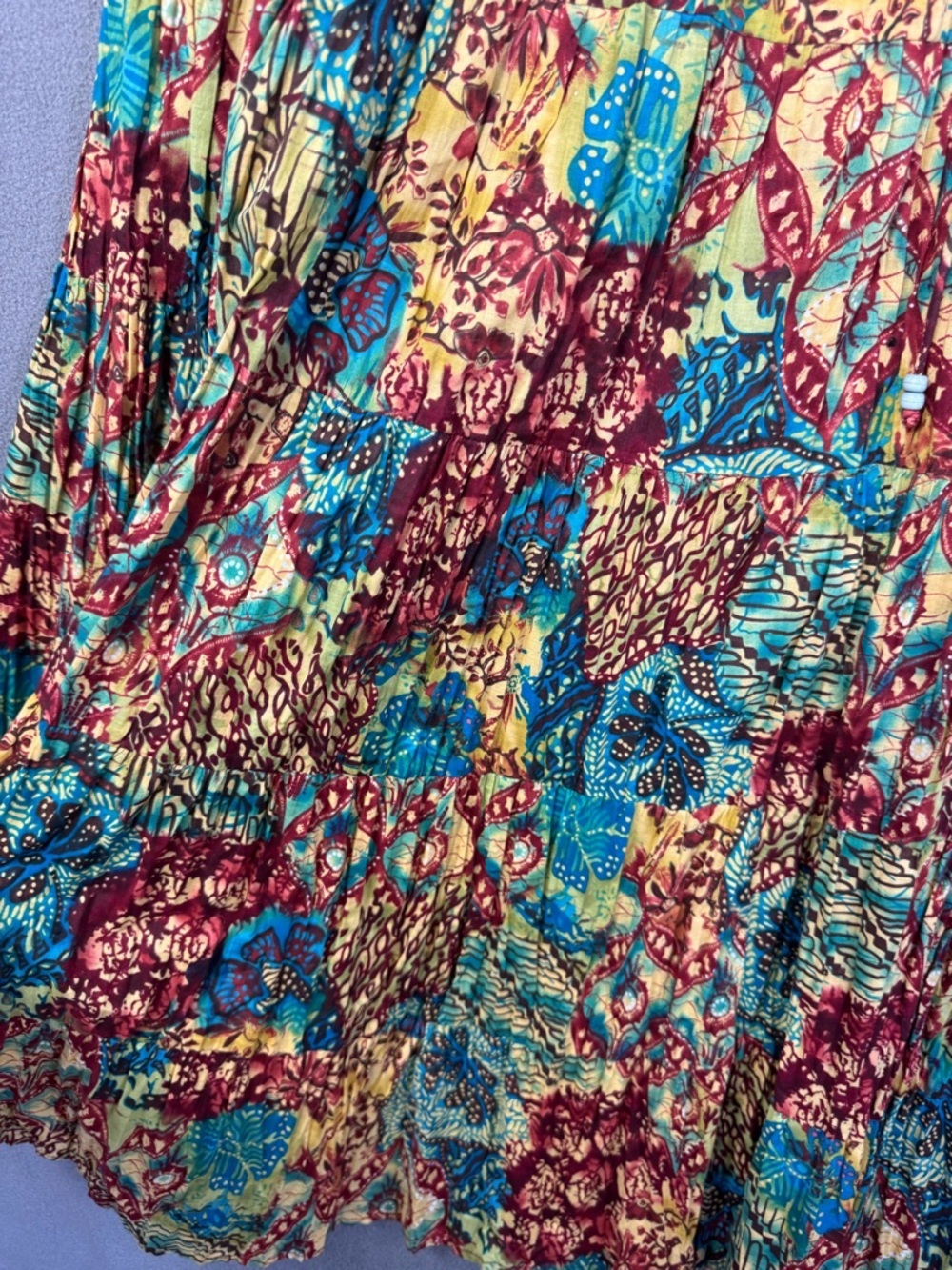 Vintage Y2K Boho Patchwork Pleated Midi Skirt, Ruffle Tiered 100% Cotton, 1X - Picture 5 of 13